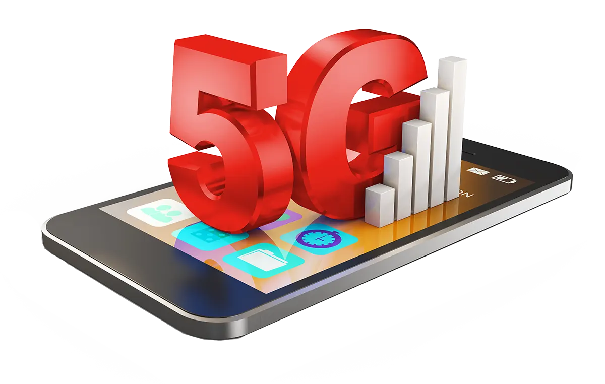 A red 5G sign on top of a smartphone.