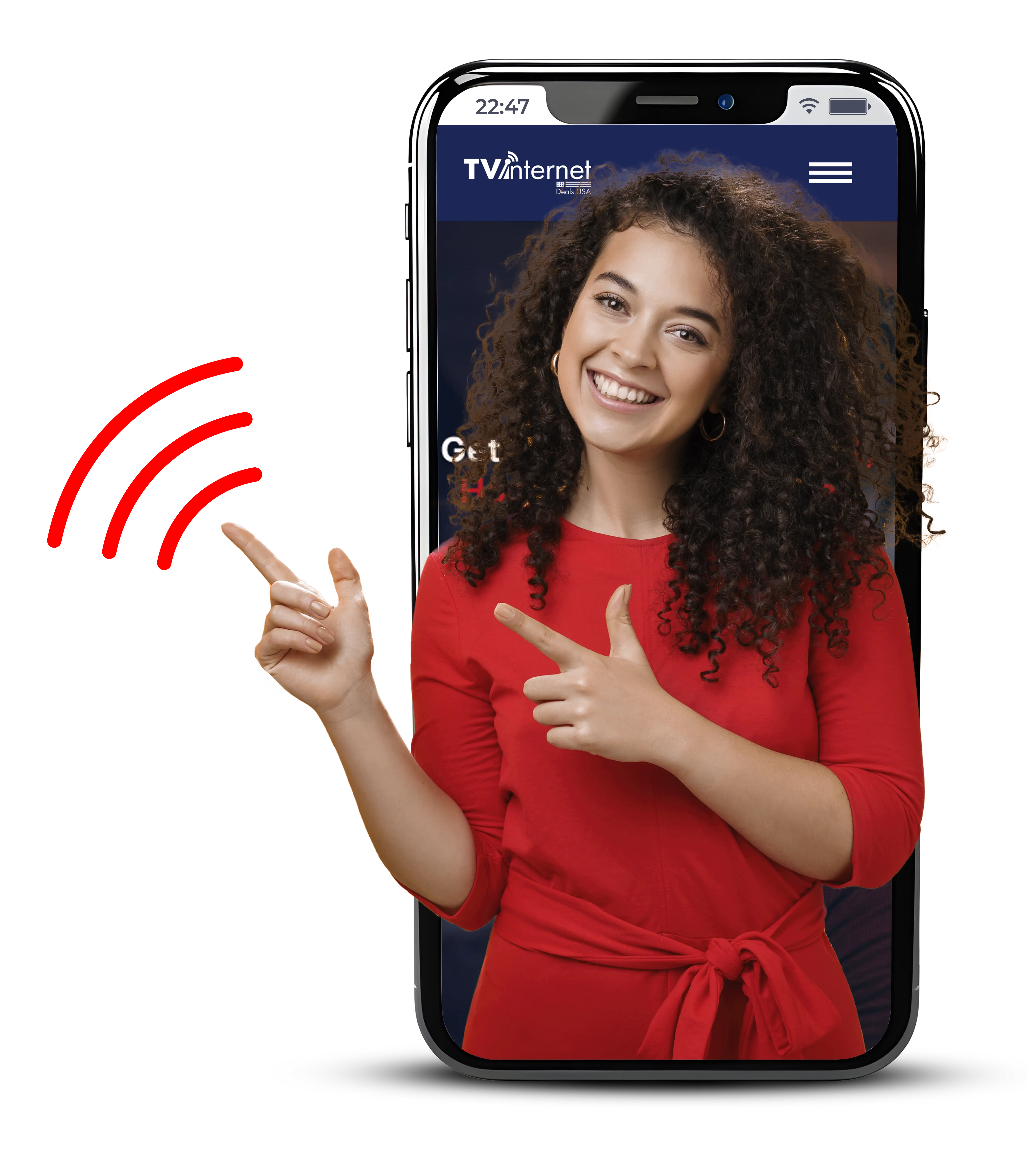 A girl smiling from the mobile phone screen and it also shows red wifi signal