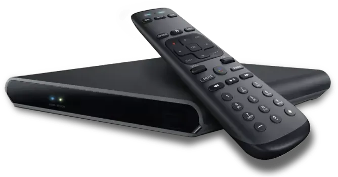 A black remote control on top of a black TV box.