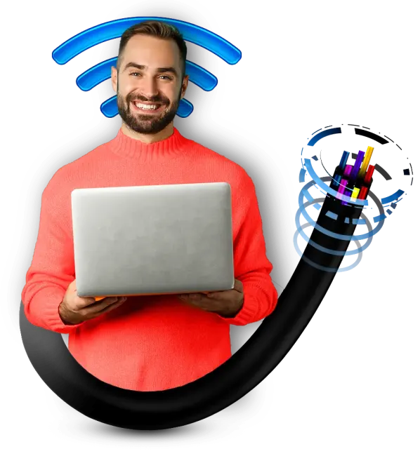 A visual representation of a man connected to a wifi network through his laptop.
