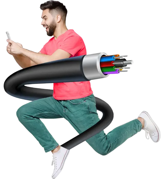 A man sprinting with a hefty cable attached to his phone, engrossed in his task.