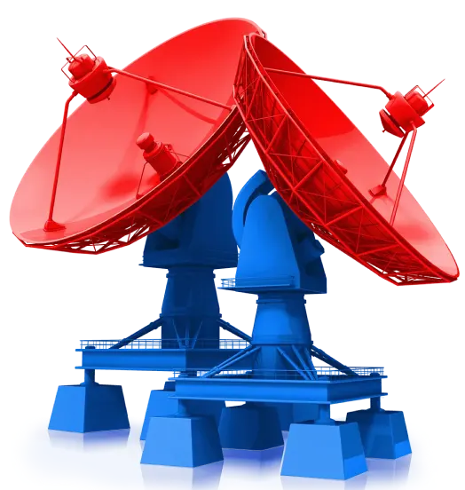 Two satellite dishes with blue base and red dish