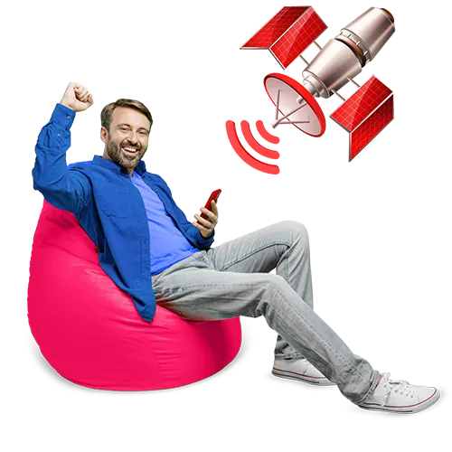 Two satellite dishes with blue base and red dish