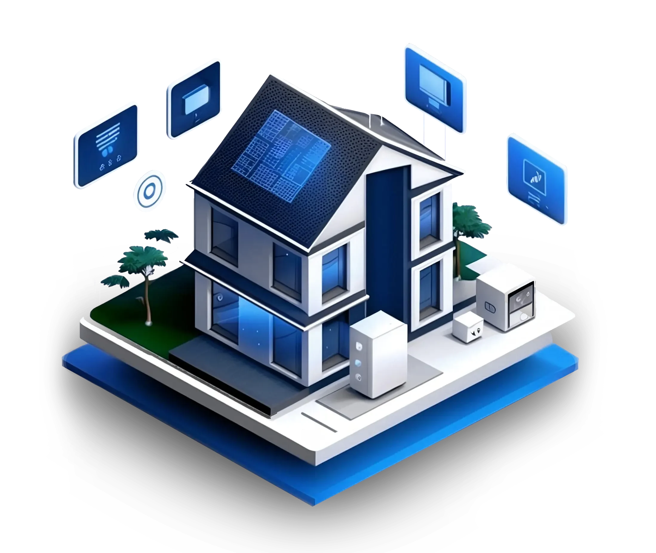 A 3D model of a house with solar panels on the roof and a variety of electronic devices around it.