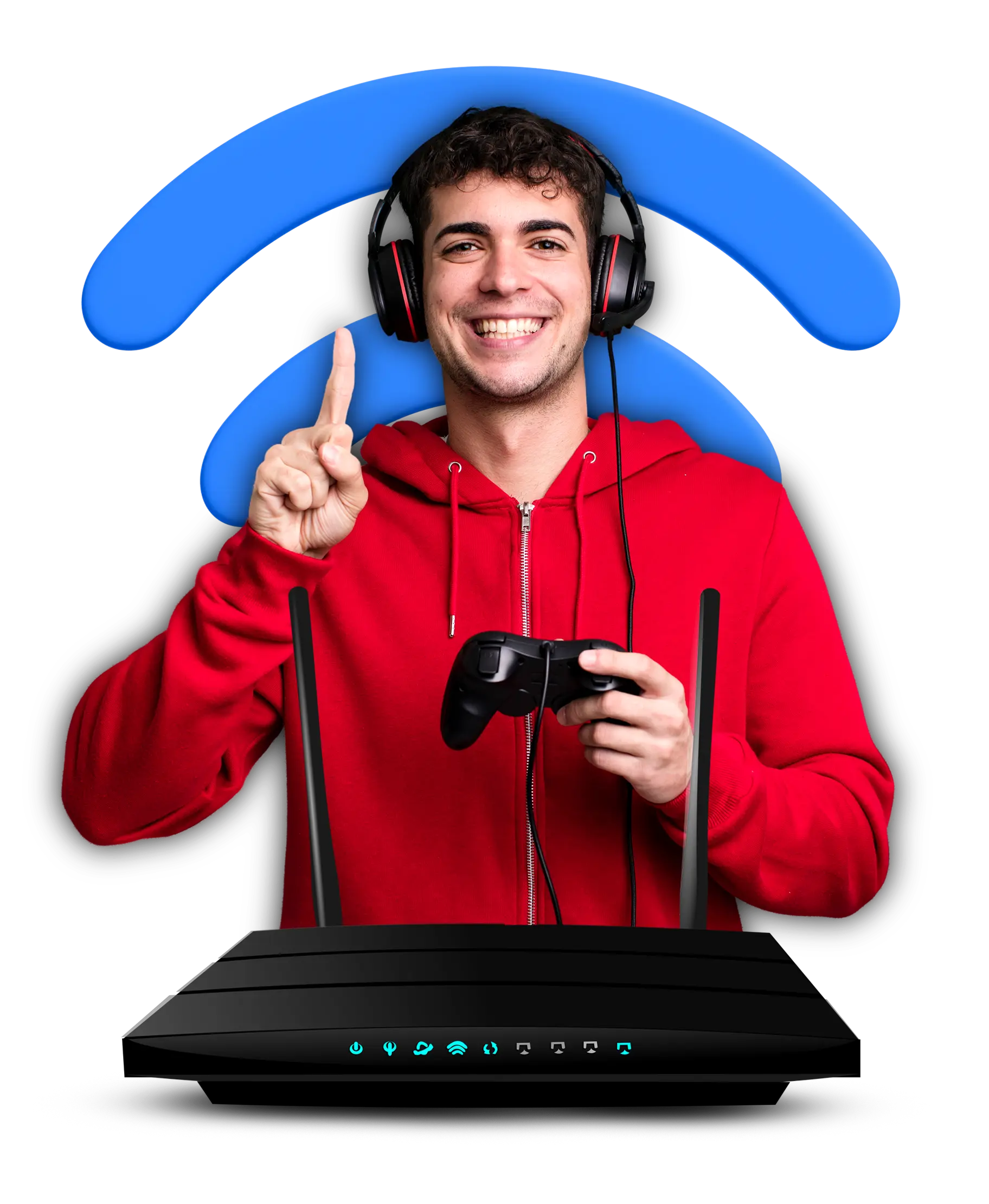 A man confidently holds a wireless router and points towards the wifi symbol, ensuring a strong and reliable internet connection.
