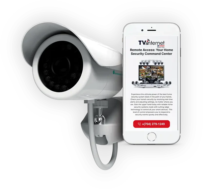 A security camera next to a cell phone with the remote access to home security monitoring center on the screen.