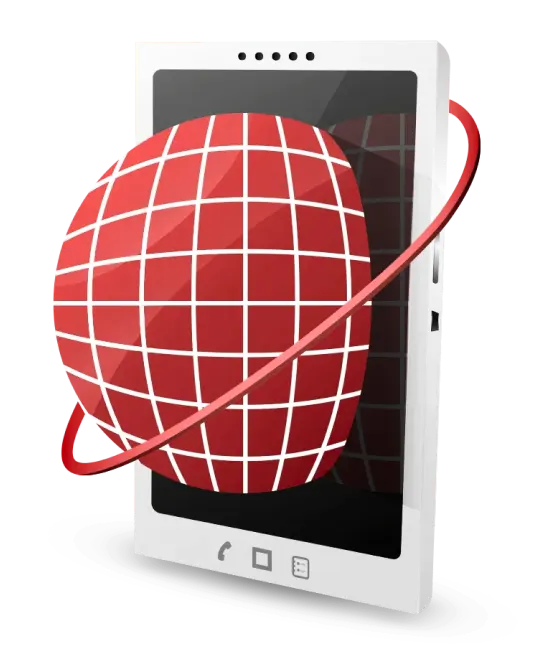 A cell phone with a red globe on the screen
