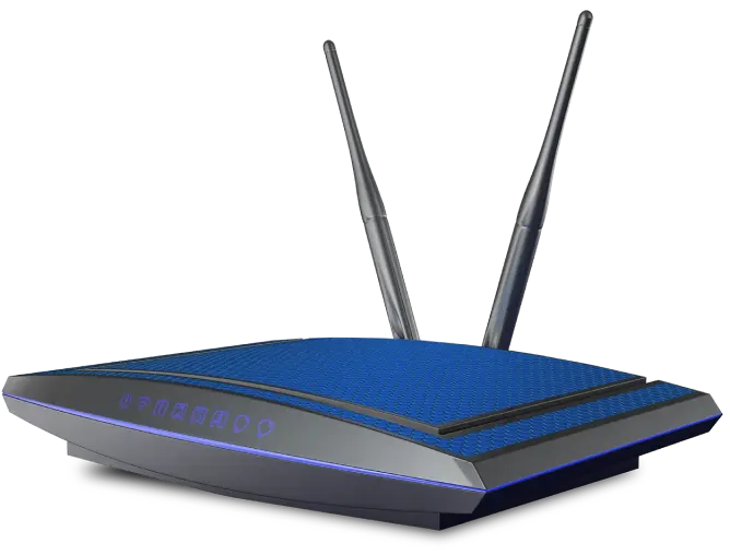 A blue router with two antennas