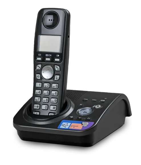 A close-up of a black phone handset