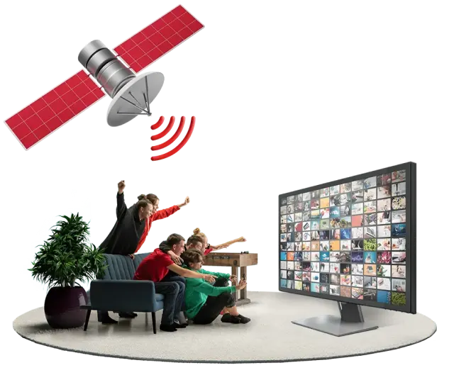  A family sitting on a couch watching TV with a satellite in the background.