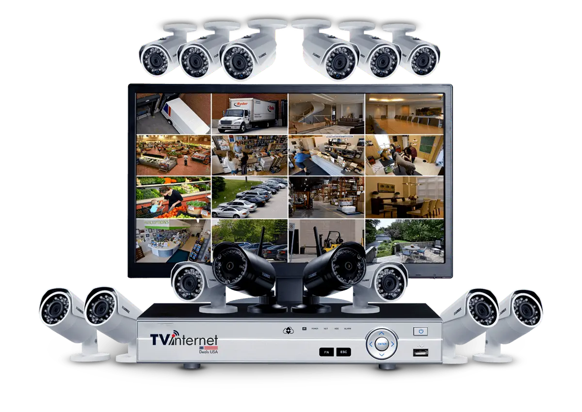 A surveillance system with four cameras and a monitor on a gray background. The text on the monitor reads "TVInternet Dual USA"