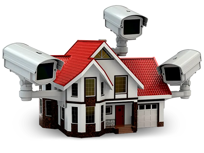 A model of a house with a red roof and white walls surrounded by three white dome-shaped security cameras.