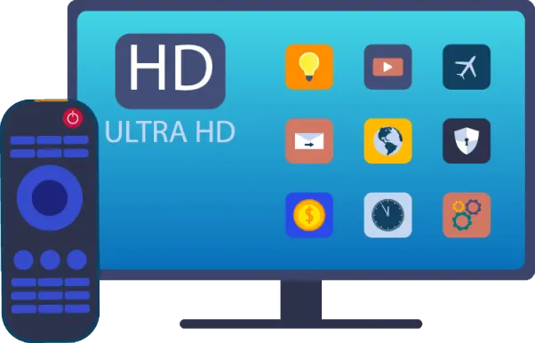  A black remote control sitting next to a television with the text "HD" and "ULTRA HD" on the screen.