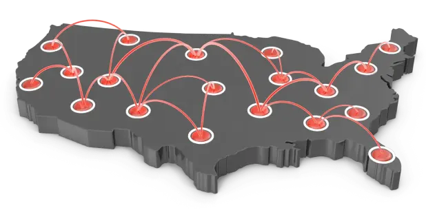 A map of the United States with orange dots 